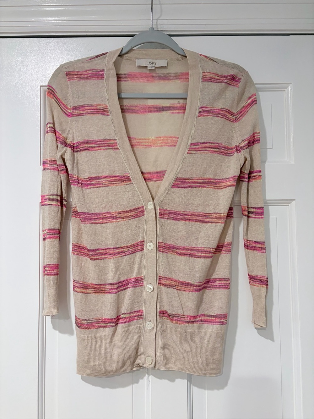 LOFT Cream Cardigan with Pink Stripe Detail